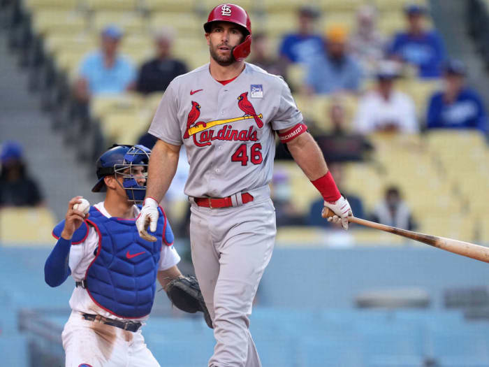 St. Louis Cardinals first baseman Paul Goldschmidt (46) reacts after striking out during the third inning as Los Angeles Dodgers catcher Austin Barnes (15) looks on at Dodger Stadium.